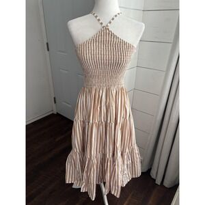 Lusana Dress Womens 4 Brown White Stripe Smocked Halter Tiered Maxi Cotton